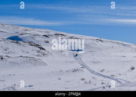 Schneetextur. Windgeformte Muster auf Schneeoberfläche. Wind in der Tundra und in den Bergen auf der Oberfläche der Schneeformen und -Kämme. Stockfoto