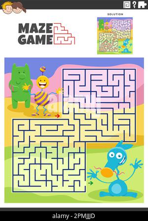 Cartoon-Darstellung von informativen Labyrinth-Puzzle-Aktivitäten für Kinder mit lustigen Aliens oder Monsterfiguren Stock Vektor