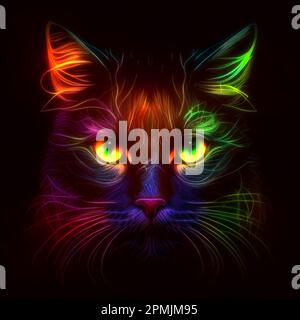Illustration eines modernen und abstrakten Katzenkopfes mit Neonlichtern, die hell vor schwarzem Hintergrund leuchten und einen lebendigen und energetischen Effekt erzeugen. Stockfoto