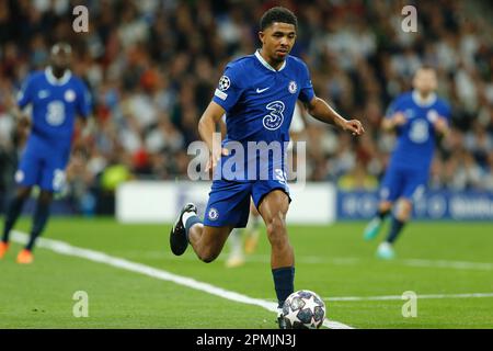 Madrid, Spanien. 12. April 2023. Wesley Fofana (Chelsea) Fußball : UEFA Champions League Viertelfinale 1. Teilchenspiel zwischen dem Real Madrid CF 2-0 Chelsea FC im Estadio Santiago Bernabeu in Madrid, Spanien . Kredit: Mutsu Kawamori/AFLO/Alamy Live News Stockfoto