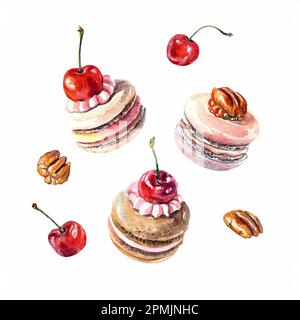 Aquarelle Makronen mit Kirschen und Pekannüssen isoliert auf weißem Hintergrund. Handgezeichnete Illustration eines beliebten knusprigen Desserts zur Dekoration von Cafés. Sw Stockfoto