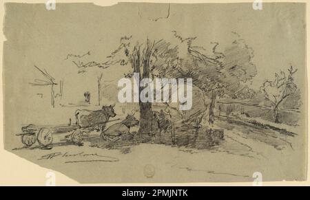 Zeichnung, A Village Square; Walter Shirlaw (amerikanisch, B. Schottland, 1838–1909); USA; Graphit und schwarzer Stift auf rauem, grauem Papier; 22,5 x 38,3 cm (8 7/8 x 15 1/16 Zoll) Stockfoto