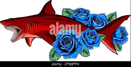 vektordarstellung mit Hai, Pfingstrosen Stock Vektor