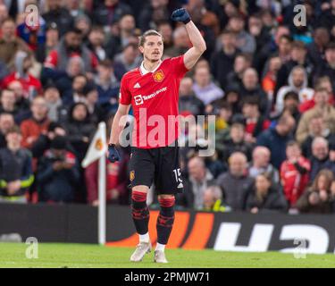 Manchester, Großbritannien. 13. April 2023. Marcel Sabitzer erzielte 1. Tor während des Fußballspiels der UEFA Europa League zwischen man Utd und Sevilla in Old Trafford in Manchester, England. Kredit: CORDON PRESS/Alamy Live News Stockfoto