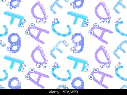 Zeichentrickfilm englische Buchstaben nahtlose Monster mit Augenmuster für Kinderbekleidung und Accessoires, Bettwäsche und Stoffe und Kindergarten-Tex Stockfoto