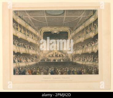 Print, Covent Garden Theatre, Interior; entworfen von J. Bluck (aktiv 1791–1819); nach A.W.N. Pugin (Englisch, 1812–1852), Thomas Rowlandson (Großbritannien, 1756–1827); Veröffentlicht von Ackermann’s; England; farbiges Aquatint Stockfoto