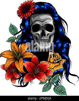 vektordarstellung von menschlichem Schädel und Blumenkranz auf weißem Hintergrund. Digitale Zeichnung Stock Vektor