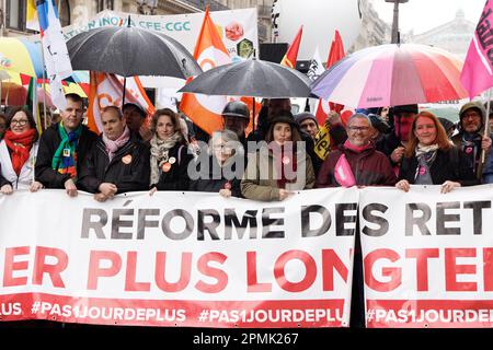 Paris, Frankreich. 13. April 2023. Benoît Teste (FSU), Laurent Berger (CFDT), Sophie Binet (CGT) und Murielle Guilbert (Solidaires) Stockfoto