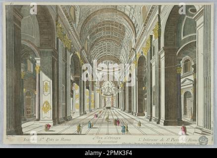 Print, Peep-Show, Vue d'Optique Repräsentant Interior Petri in Roma L'Interieur de St. Pierre de Rome; Frankreich; Gravur in Tinte mit wässrigen wässrigen Farben auf Papier, auf einer Sammelblattseite angebracht; 28,5 x 41,9 cm (11 1/4 x 16 1/2 Zoll) Stockfoto