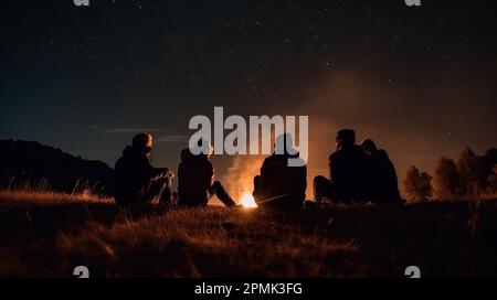 Die Gruppe junger Leute sitzt am Lagerfeuer und redet und singt Lieder Stockfoto