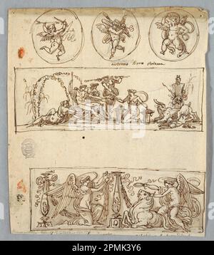 Zeichnen, Bacchus und Ariadne mit Herbst und Siegern und drei Runden mit Putti; entworfen von Felice Giani (Italienisch, 1758–1823); Italien; Stift und braune Tinte, Bürste und braune Waschung, Graphitspuren auf cremefarbenem Papier; 22 x 19,1 cm (8 11/16 x 7 1/2 Zoll) Stockfoto