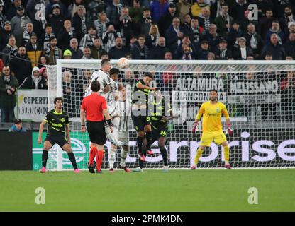 Turin, Italien. 13. April 2023. Während der UEFA Europa League, Fußballspiel zwischen dem FC Juventus und dem FC Sporting CP am 13. April 2023 im Allianz Stadium, Turin, Italien. Foto: Nderim Kaceli Credit: Live Media Publishing Group/Alamy Live News Stockfoto