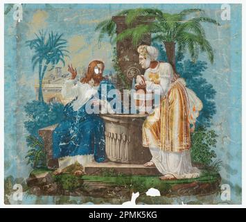 Firescreen, Christus und die Frau von Samaria; hergestellt von Joseph Dufour et Cie. (Frankreich); Frankreich; Blockpapier; 85,5 x 101 cm (33 11/16 x 39 3/4 Zoll) Stockfoto