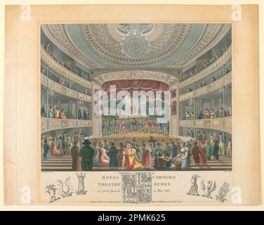 Print, Innenansicht des Coburg Theaters, London; entworfen von Jacob C. Schnebbelie (1760–1792); graviert von James Stow (1770–nach 1820); England; Gravur, handfarben Stockfoto