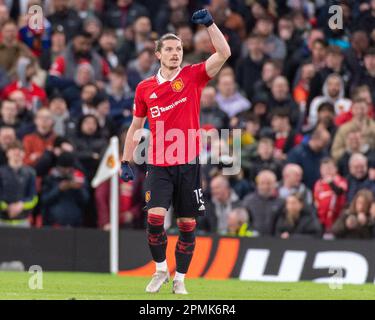 Manchester, Großbritannien. 13. April 2023. Old Trafford Marcel Sabitzer von Manchester United, nachdem er während des Fußballspiels der UEFA Europa League zwischen man Utd und Sevilla im Old Trafford in Manchester, England, 1. Tor erzielte. (Richard Callis/SPP) Kredit: SPP Sport Press Photo. Alamy Live News Stockfoto