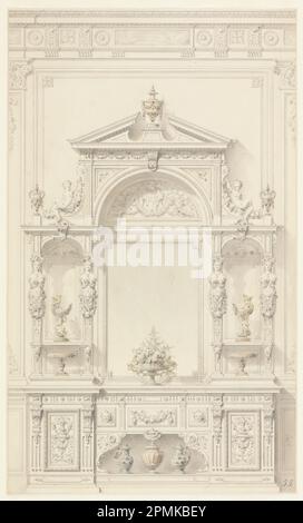 Zeichnung, Design für Meuble de vestibule; Architekt: Alexandre-Eugène Prignot; Frankreich; Graphit, Farbstift, Pinsel und Aquarell auf cremefarbenem Papier; 41,2 x 24,7 cm (16 1/4 x 9 3/4 Zoll); 1987-86-2 Stockfoto