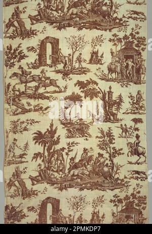 Textil, „La Course au Sanglier“, „The Ear Hunt“, ca. 1785; entwickelt von Claude-Louis Desrais (Französisch, 1746–1816); hergestellt von Favre Petitpierre (Frankreich); Frankreich; Baumwolle Stockfoto