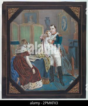 Printwerbung, „Tinsel Picture“: Napoleon und Kaiserin Marie-Louise mit dem König von Rom; engagierter: Napoleon Bonaparte (1769 – 1821); Frankreich; handfarbene Lithograf, mit aufgetragener, maschinengeschnittener, Geprägtes Goldpapier, geschredderter Glimmer und Pailetten, Bürste und Riesenkopf auf dickem, weißem gewebtem Papier; 50,2 x 43,6 cm (19 3/4 x 17 3/16 Zoll) Stockfoto