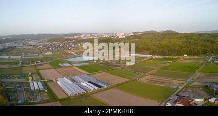 Panoramablick aus der Vogelperspektive auf Gewächshäuser und gepflügte Felder auf kleinen Bauernhöfen Stockfoto