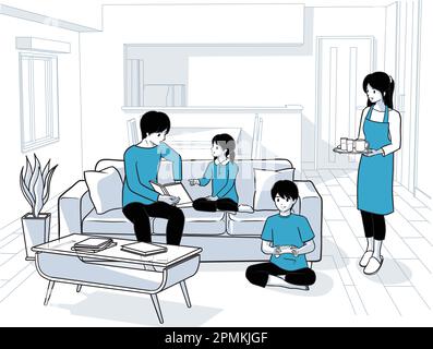 Ein glückliches Familientreffen im Wohnzimmer an einem Feiertag mit Vater und Tochter, die Bücher lesen, Bruder, der Spiele spielt, und Mutter, die Getränke serviert. Stockfoto