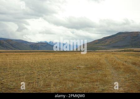 Eine Feldstraße, die durch die gelbliche Steppe zu einem Gebirgskamm mit schneebedeckten Gipfeln führt. Kurai Steppe, Altai, Sibirien, Russland. Stockfoto