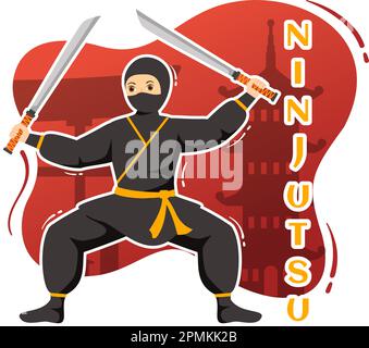 Ninjutsu-Vektordarstellung mit der japanischen Figur Ninja Shinobi in flachen, handgezeichneten Landing-Page-Hintergrundvorlagen im Cartoon-Stil Stock Vektor