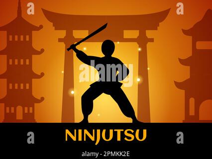 Ninjutsu-Vektordarstellung mit der japanischen Figur Ninja Shinobi in flachen, handgezeichneten Landing-Page-Hintergrundvorlagen im Cartoon-Stil Stock Vektor