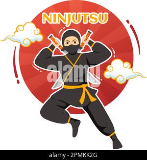 Ninjutsu-Vektordarstellung mit der japanischen Figur Ninja Shinobi in flachen, handgezeichneten Landing-Page-Hintergrundvorlagen im Cartoon-Stil Stock Vektor