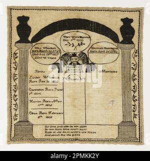 Familienregister (USA); bestickt von Eliza Wheelock (amerikanisch); Leinen, Wolle; Rahmen H x B: 43,2 x 44,5 cm (17 x 17 1/2 Zoll) Stockfoto