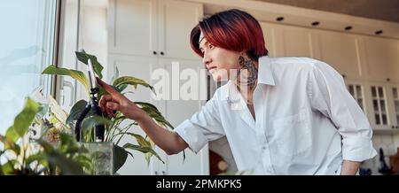 Asian Kerl mit Smartphone auf einem Stativ, um ein Video zu Hause zu erstellen Stockfoto