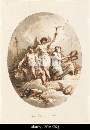 Zeichnung, Design für Wand- oder Deckendekoration mit Bacchus, Hymen und Venus; entworfen von Felice Giani (Italienisch, 1758–1823); Italien; Stift und braune Tinte, Pinsel und braunes und graues Waschen, schwarze Kreide, Graphit auf cremefarbenem Papier; 30,6 x 21,7 cm (12 1/16 x 8 9/16 Zoll) Stockfoto