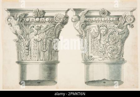 Zeichnung, zwei Säulenhauptstädte, mit alternativen Vorschlägen; möglicherweise von Filippo Marchionni (Italienisch, 1732–1805); Italien; Stift und schwarze Tinte, Pinsel und graue Aquarelle, Graphit auf cremefarbenem Lagepapier; 26,6 x 41,3 cm (10 1/2 x 16 1/4 Zoll) Stockfoto