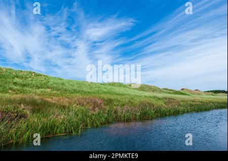 Küstendünen, bedeckt mit Marramgräsern, zwischen dem See von Shining Waters und dem Golf von St. Lawrence. Cavendish Dunelands, PEI-Nationalpark. Stockfoto