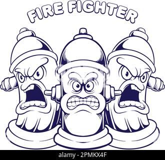 Maskottchen für wütende Feuerwehrmänner Illustrationen einfarbiger Vektor für Ihr Arbeitslogo, Merchandise-T-Shirt, Aufkleber und Etikettendesigns, Poster Stock Vektor