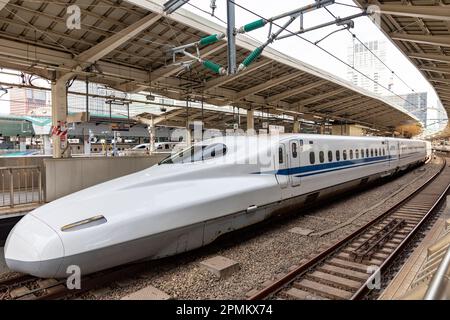 Tokio Bahnhof Shinkansen am Bahnsteig bereit zur Abfahrt mit hoher Geschwindigkeit, japanische Eisenbahn, Asien Stockfoto