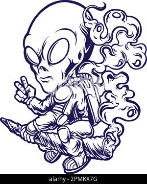 Fliegender Alien-Astronaut mit gerauchtem Cannabis-Illustrationen Silhouettenvektor für Ihr Arbeitslogo, Merchandise-T-Shirt, Aufkleber und Etikettendesigns, Post Stock Vektor