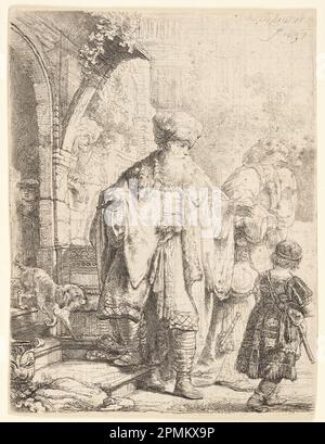 Print, Abraham Casting Out Hagar and Ishmael; Print Maker: Rembrandt Harmensz van Rijn (Niederländisch, 1606–1669); Niederlande; Ätzen auf Papier; 12,6 x 9,7 cm (4 15/16 x 3 13/16 Zoll); Bequest von George Campbell Cooper; 1896–3-145 Stockfoto