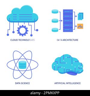 Flache Symbolgruppe für Datenwissenschaft und künstliche Intelligenz. Vektordarstellung. Stock Vektor