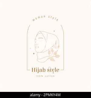 Logovorlage im Hijab-Stil. Modernes Design für Kopfschmuck-Boutiquen oder muslimische Geschäfte. Lineare Vektordarstellung im trendigen minimalistischen Stil Stock Vektor