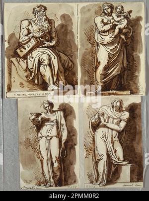 Skizzenbuch Folio, Studien nach vier Statuen auf dem Grab von Julius II., nach Michelangelo: Moses; Madonna und Kind; Leah, Tugend; Rachel, Religion; entworfen von Felice Giani (Italienisch, 1758–1823); Italien; Stift und braune Tinte, Bürste und braunes Waschen, über schwarzer Kreide auf weißem, schwerem gewebtem Papier; 30,8 x 23 cm (12 1/8 x 9 1/16 Zoll) Stockfoto