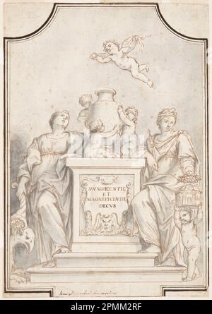 Zeichnung, Design for a Monochrome Painting, Kirche von Corpus Domini, Bologna, Italien; entworfen von Marc Antonio Franceschini (Italienisch, 1648 – 1729); Italien; Stift und Tinte, Pinsel und Schwarz, schwarze Kreide auf Papier; 41,3 x 29 cm (16 1/4 x 11 7/16 Zoll) Stockfoto