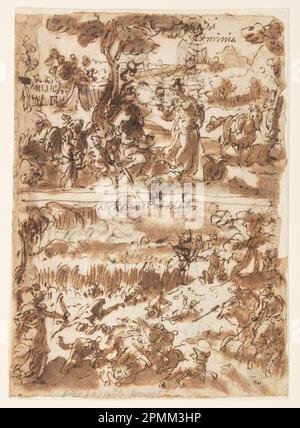 Zeichnung, Erminia und der Hirte [oben]; Atalanta jagt das kalydonische Eber [unten]; Jan van der Straet, Stradanus (Flämisch, 1523–1605); Niederlande; Stift und Tinte, Bürste und braune Wäsche auf liegendem Papier Stockfoto