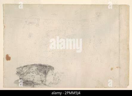 Zeichnen, Skizzen von Lämmern, Bäumen und einem Haus mit einer Studie eines Boulders. Frederic Edwin Church (amerikanisch, 1826–1900); USA; schwarzer Stift auf Papier; 25,8 x 38,9 cm (10 3/16 x 15 5/16 Zoll) Stockfoto