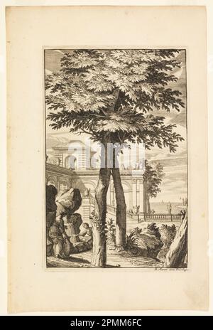 Print, Plate in Nouveaux Livre de Paysages (Neues Landschaftsbuch); entworfen von Daniel Marot (Frankreich, in den Niederlanden und England aktiv, 1661–1752); Niederlande; Ätzen und Gravieren auf weißem Laienpapier; Bogen: 35 x 23,5 cm (13 3/4 x 9 1/4 Zoll) Platemark: 26,1 x 17,3 cm (10 1/4 x 6 13/16 Zoll) Stockfoto