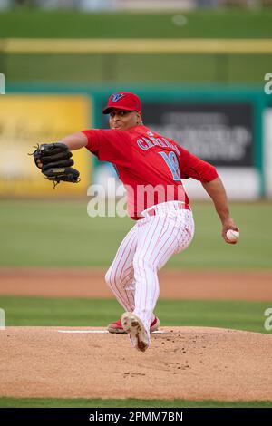 Clearwater Threshers pitcher Starlyn Castillo (18) during an MiLB Florida  State League baseball game against the Fort Myers Mighty Mussels on April  12, 2023 at BayCare Ballpark in Clearwater, Florida. (Mike Janes/Four