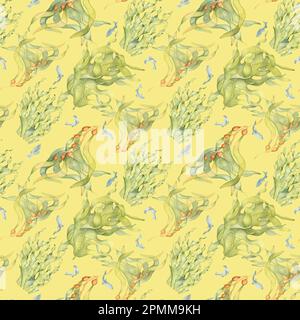 Nahtloses Muster farbenfroher Meerpflanzen Aquarell-Illustration isoliert auf Gelb. Laminaria, Seetang, Seetang, handgezeichnet. Hintergrunddesign, Stockfoto