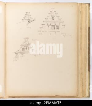 Album Page, Three Sketches of Building Details, Antwerpen; Whitney Warren Jr. (Amerikanisch, 1864–1943); Belgien; Graphit auf cremefarbener Pappe, mit einer Bindung versehen; 31,3 x 23,6 cm (12 5/16 x 9 5/16 Zoll), unregelmäßig Stockfoto