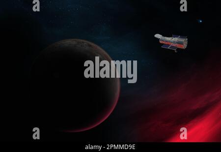 Eine Abbildung einer leuchtend roten und blauen Weltraumszene mit einem Satelliten Stockfoto