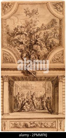 Zeichnung, Studie für Treppendekoration, Hanbury Hall, Worchestershire: Achilles enthüllt seine Identität im Palast von Lycomedes; Sir James Thornhill (Englisch, 1675-1734); England; Stift und braune Tinte, Bürste und Wasch auf braunem Papier, gefüttert, montiert; 1900-1-1 Stockfoto