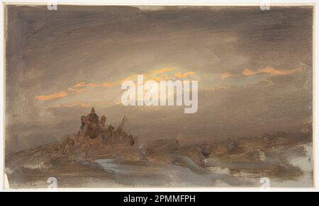 Zeichnen, Winterlandschaft bei Moonlight; Frederic Edwin Church (amerikanisch, 1826–1900); USA; Pinsel- und Ölfarbe auf Pappe; 16,9 x 28,3 cm (6 5/8 x 11 1/8 Zoll) Stockfoto